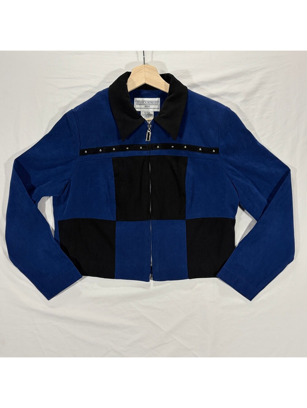 Vintage Jacket Color Block Black & Blue Stud Details Suede Zip Up Western